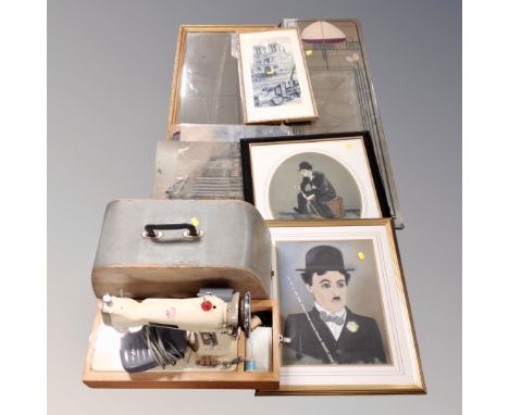 A Century electric sewing machine in case, assorted pictures, gilt framed mirror, Art Deco style un-framed mirror 