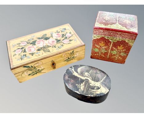 A Japanese Meiji period lacquered oval trinket box, a Kashmir lidded box and a painted satinwood jewellery box.  