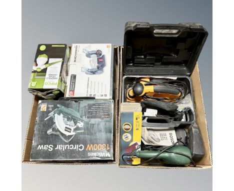 Two boxes of power tools, Performance bench grinder, Wickes circular saw, JCB electric planer, Bosch sander, PIfco hand held 