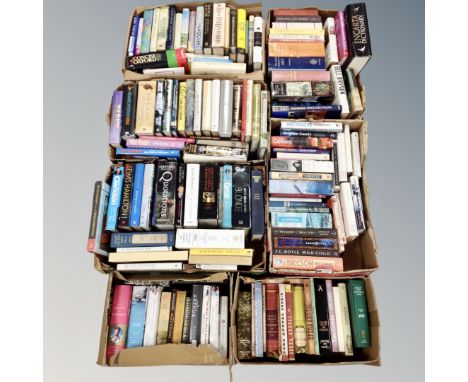 A pallet of seven boxes of hardbacked books, novels, art reference, antiques, autobiographies etc 