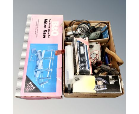 A box of battery chargers, power tools, hand tools, precision deep cut mitre saw 