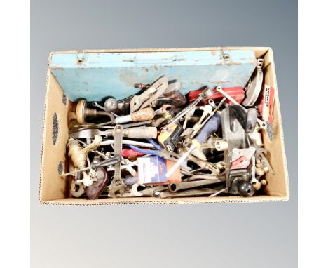 A box of assorted vintage and later hand tools, wood working planes, cased socket sets 