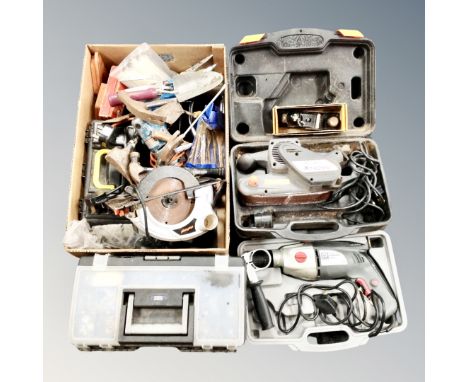 A box of power saw, hand tools, plastic tool box and contents 
