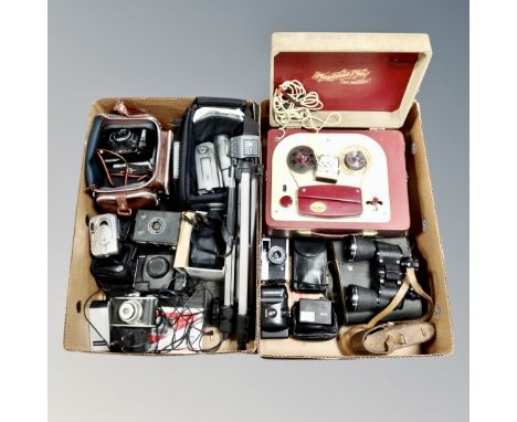 Two boxes of assorted vintage and later cameras, Canon video camera, tripod, pair of Ventora 10 x 50 binoculars, vintage tape