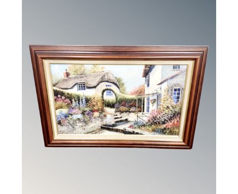 Dallas K Taylor, Walled garden with cottages beyond, oil on board