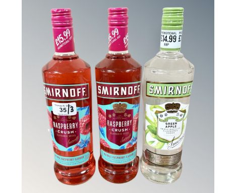 Three x Smirnoff Vodka : 2 x Raspberry Crush & 1 x Green Apple, each bottle 70 cl.  (3)