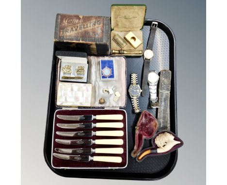 A tray of cased butter knives, Meersham pipe, vintage razor, cuff links, badges, travel iron and Gilette razor, Rotary and Se