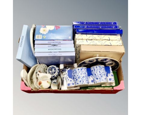 A box of ceramics : Ringtons & Wedgwood collector's plates, Ringtons jug, tea caddy etc 