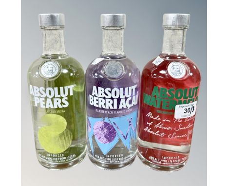 Three x Absolut Vodka, Watermelon, Pear & Barri Acai, Blueberry each bottle 70 cl.  (3)