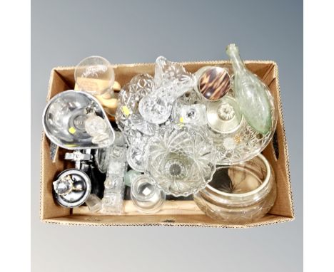 A box of antique & later glass ware : cruet sets, torpedo bottle, dressing table pieces, kitchen scales and a silver rimmed d