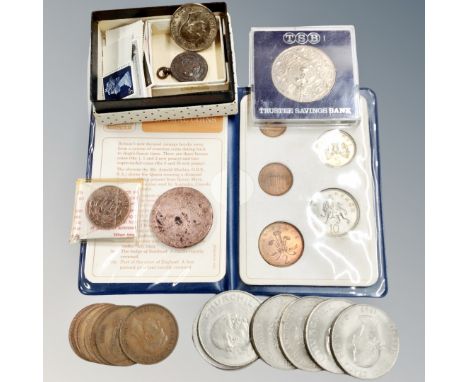 A Britains First Decimal coin set, cartwheel penny, crowns, stamps etc and a Poetry Society medal 