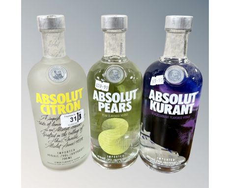 Three x Absolut Vodka, Citron, Pear & Kurrant, each bottle 70 cl.  (3)
