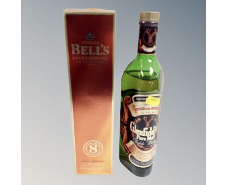 A bottle of Glenfiddich pure malt Scotch whisky, 75 cl, and a bottle of Bells Extra Special Old Scotch whisky Aged 8 years, 7