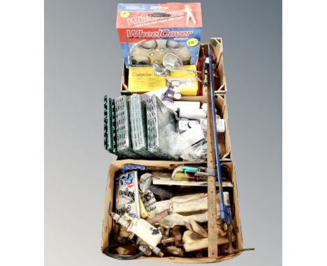 Three boxes of hand tools, wheel covers, wing mirrors, sash clamps, gardening gloves etc 
