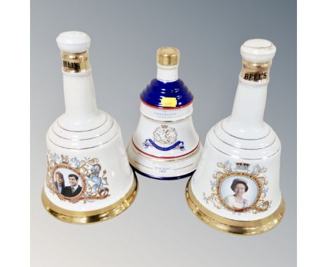 Three Wade Bell's Scotch whisky commemorative decanters : Birth of Princess Beatrice, 60th Birthday HRH Queen Elizabeth II an