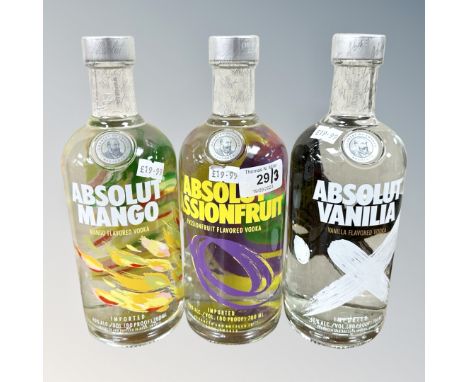 Three x Absolut Vodka, Passion Fruit, Vanilla & Mango, each bottle 70 cl.  (3) 