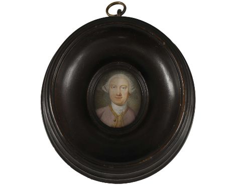 English School, mid-18th century Portrait of a gentleman, bust-length, in a gold-trimmed lilac coat and white stock miniature