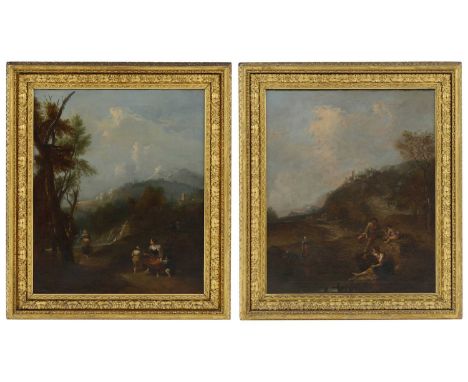 Follower of Francesco Zuccarelli A mountainous landscape with figures near a waterfall;A mountainous landscape with figures b