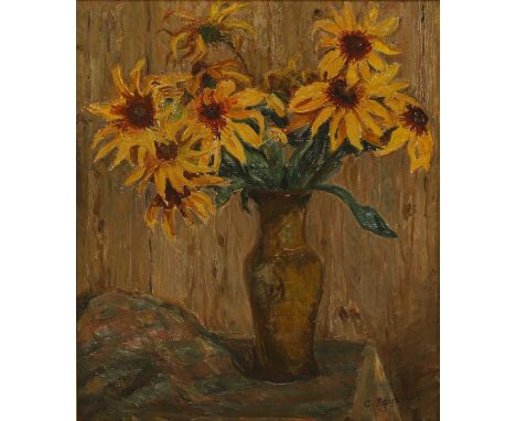 Sophia Khrustalyova (1915-2006) Sunflowerssigned in Cyrillic l.r., also signed, inscribed in Cyrillic and dated '1969' verso,