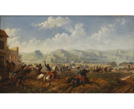 ... Lahure (French, 19th century) A cavalry skirmishsigned 'LAHURE' and indistinctly dated l.r., oil on canvas42 x 70cmCondit