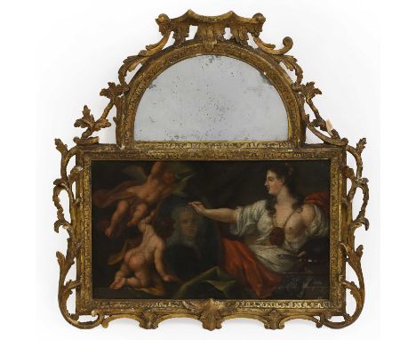Circle of Sir James Thornhill (1675-1734) Allegory of Paintingoil on canvas36 x 59.5cm, mounted in a mid-18th-century carved 