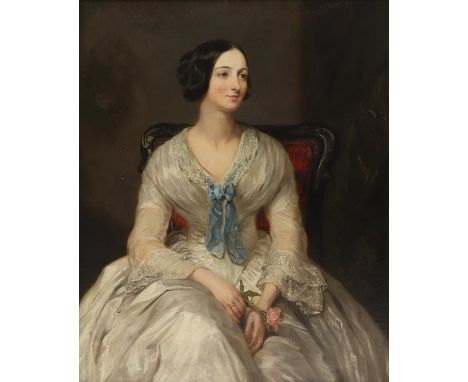 Margaret Sarah Carpenter (1793-1872) Portrait of Mrs Simpson as a young woman, three-quarter-length seated, in a white dress 