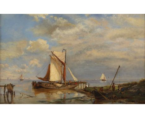 Follower of Pieter Cornelis Dommershuijzen Fishing hoogaars by the shore oil on canvas37 x 58cmProvenance: With Royal Exchang