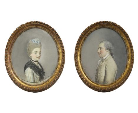 Hugh Douglas Hamilton RHA (Irish, 1739-1808) Portrait of a gentleman, half-length, in a cream coat;Portrait of a lady, half-l