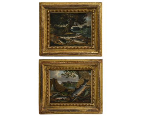 English School, 19th century The day's catch;Fish on the bank of a river, a castle beyonda pair, the first indistinctly signe