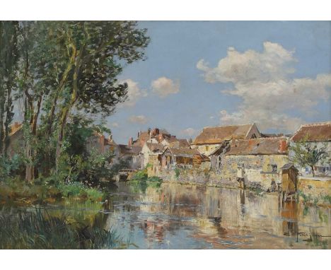 Edmond Marie Petitjean (French, 1844-1925) Houses on the banks of a riversigned 'E. Petitjean' l.r., oil on canvas46 x 66cmCo