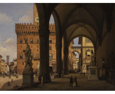 Italian School, 19th century The Loggia dei Lanzi and the Piazza della Signoria, Florenceindistinctly signed l.r., oil on can