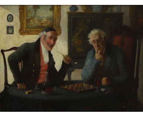 George Fox (1816-1910) Playing chesssigned 'Geo Fox' l.r., oil on board24 x 31cmCondition ReportOverall: 41x 49cmThere are so