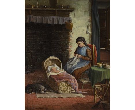 Thomas Valentine Garland (fl.1868-1914) 'Left in Charge' - a child and small dog beside a cradle with a sleeping infantsigned