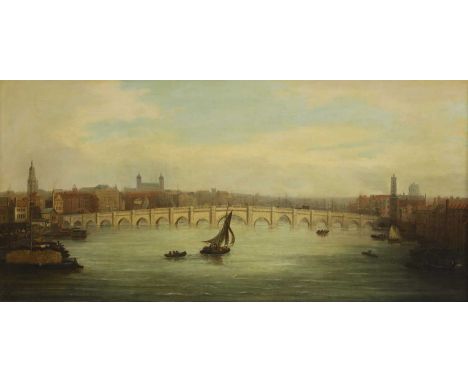 Circle of John Paul (c.1830-1890) 'Old London Bridge, 100 Years Ago'inscribed 'R. Scott' and with title verso, oil on canvas5