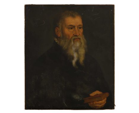 Manner of Nicolas de Neufchâtel Portrait of a man, bust-length, in a black coat and holding a bookoil on canvas61 x 51cm, unf