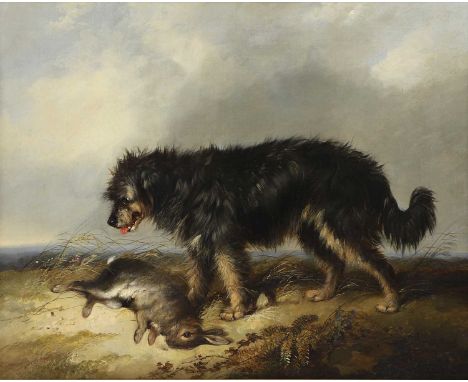 George Armfield (1808-1893)  A terrier with a rabbit in an open landscape signed with initials and dated '1847' l.r., oil on 
