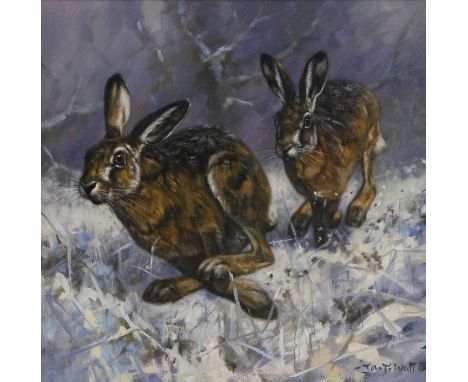 ▲ John Trickett (b.1952) Hares in the snow signed 'John Trickett' l.r., oil on canvas 50 x 50cmCondition ReportOverall: 62x 6