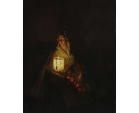 Petrus Kiers (Dutch, 1807-1875)  A young women selling eggs by the light of a lantern signed and dated 'P. Kiers fect/1850', 