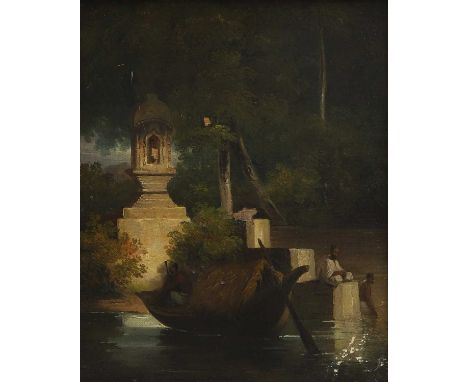 Circle of George Chinnery (1774-1852) Figures with a sampan near a shrine in a wooded landscapeoil on canvas29 x 23.5cmCondit