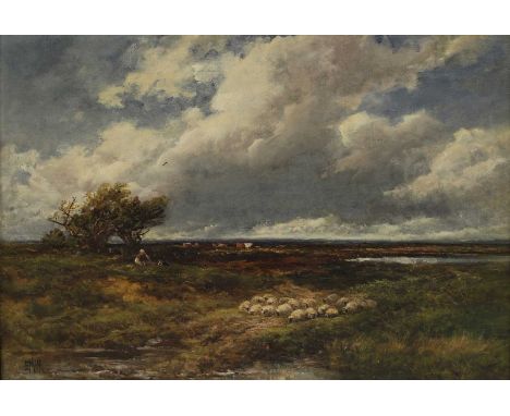 Edmund Morison Wimperis (1835-1900) A man and his dog minding sheep, with cattle beyondsigned with monogram l.l., oil on canv