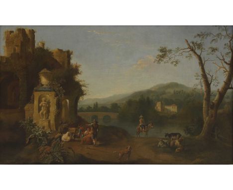 Manner of Jan Frans Soolmaker An Italianate river landscape, with figures tending sheep and goats by classical ruinsoil on ca