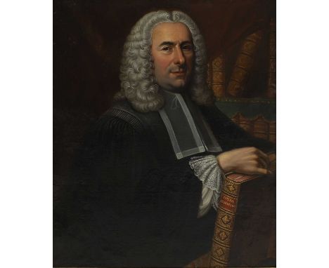 English School, 18th century Portrait of a scholar, half-length, in black robes and holding a volume of the works of Thomas S