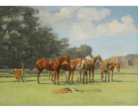 Ayerst Young (early 20th century) Polo ponies with military grooms in the grounds of a castle, possibly Cowdraysigned 'Ayerst