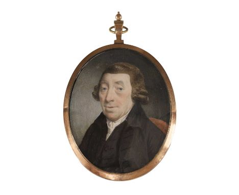 English School, 18th century Portrait of a gentleman, bust-length, in a black coat, waistcoat and white stockminiature on car