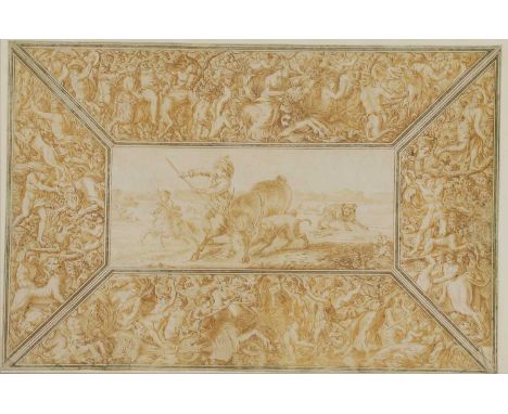 Giovanni Pettovelli (Italian, 17th century) A design, possibly for a casket - the central panel depicting a stag hunt, the fl