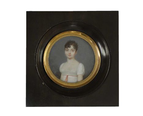 English School, c.1810 Portrait of a young lady, half-length, in a white dress with red ribbon miniature on ivory6.2cm diamet