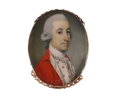 Circle of John Smart (1741-1811) Portrait of a gentleman, bust-length, in a red coat, cream embroidered waistcoat and white s