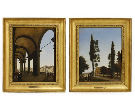Italian School, 19th century  View of the Uffizi Palace and the Arno, Florence, with groups of figures conversing; View of th