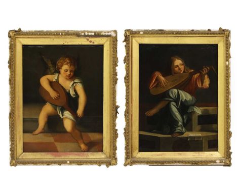 After Vittore Carpaccio A boy playing a lutesigned 'A. Bedini' l.r., oil on canvasand another painting by Bedini of an angel 