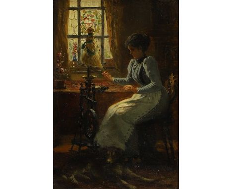 Johann Heinrich Hasselhorst (German, 1825-1904) A woman seated at a spinning wheelsigned 'J HASSELHORST' l.r., oil on canvas1